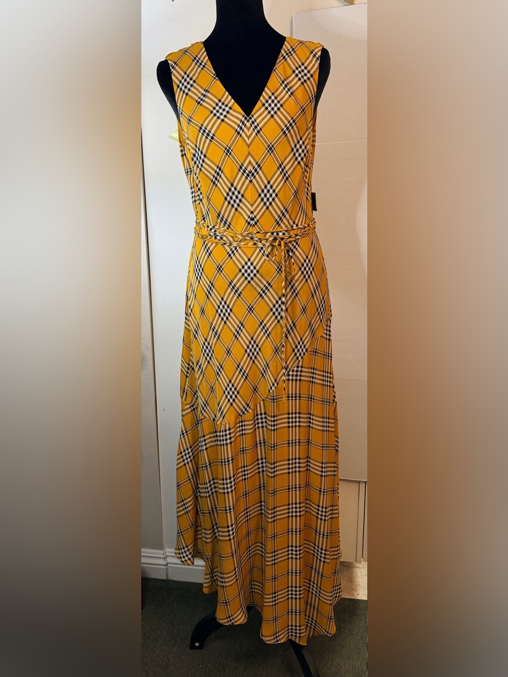 Vince Camuto Yellow Plaid Asymmetrical Sleeveless Wrap Tie Maxi Dress Size 6